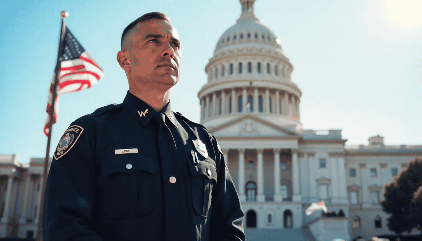 ICE Deportation Officer in uniform standing in front of the American flag and government building.